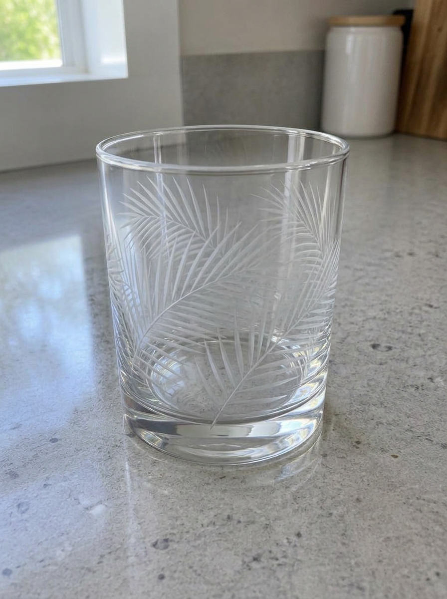 Illustrative glass with a palm-leaf pattern added