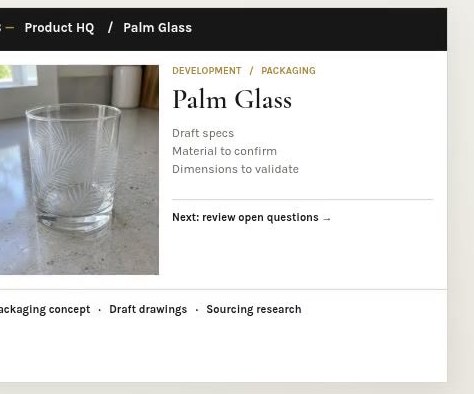 Illustrative Product HQ screen with the palm glass and draft product details